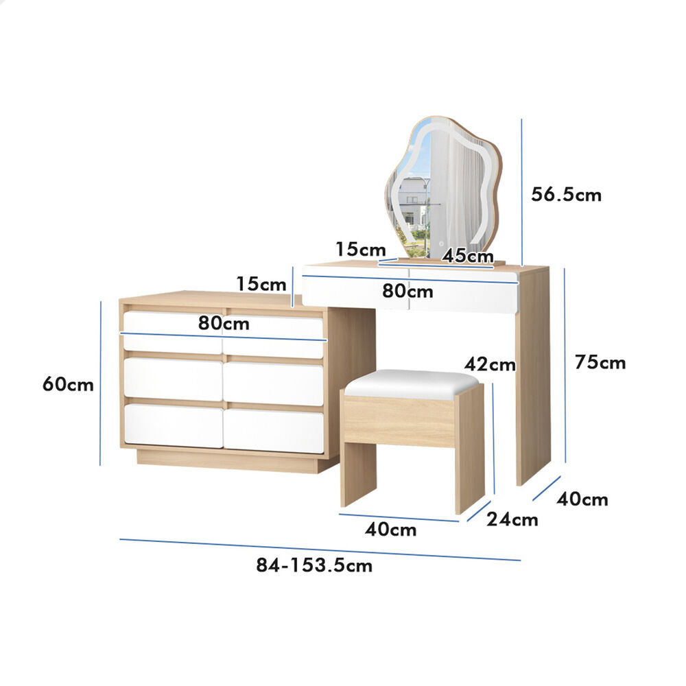 ALFORDSON Dressing Table Stool Set Makeup Mirror Desk LED 8 Drawers Oak