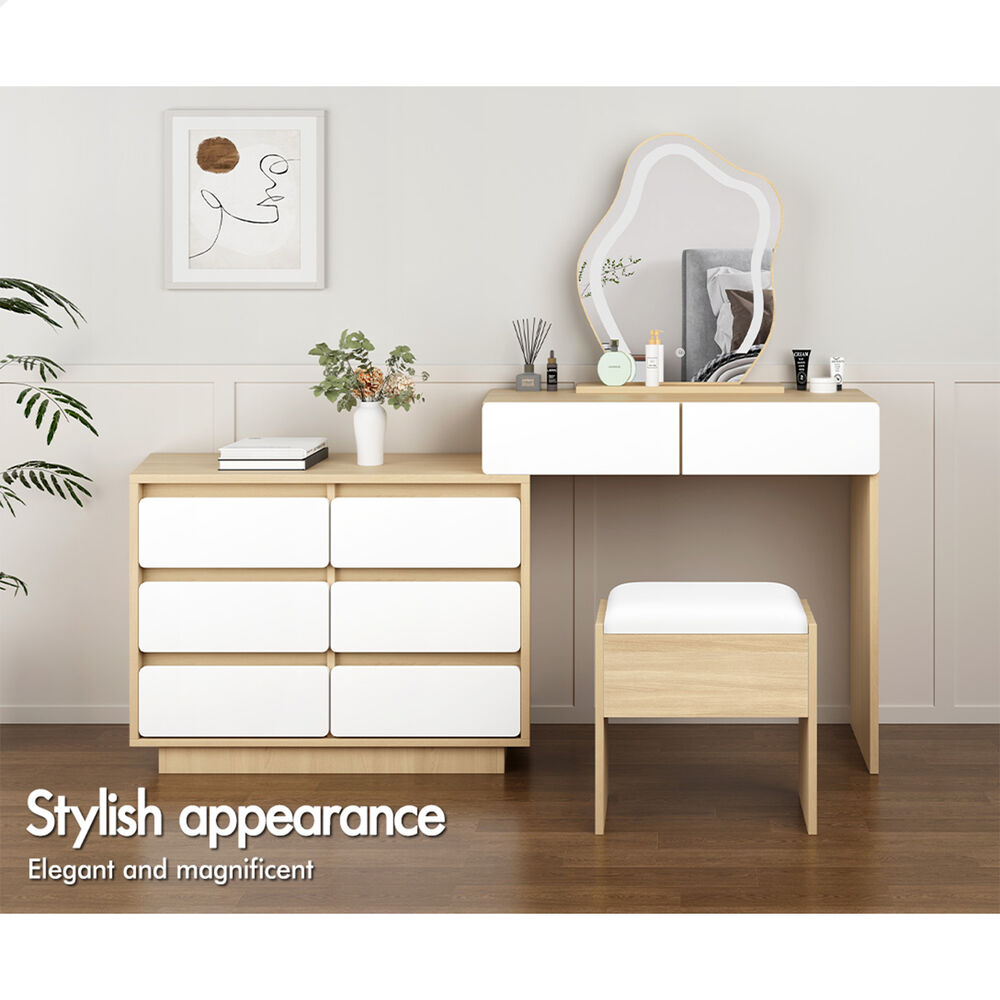 ALFORDSON Dressing Table Stool Set Makeup Mirror Desk LED 8 Drawers Oak