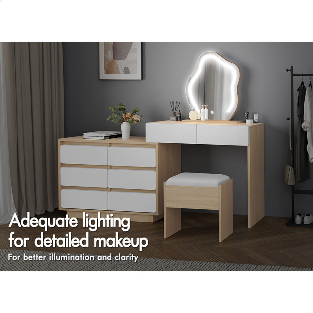 ALFORDSON Dressing Table Stool Set Makeup Mirror Desk LED 8 Drawers Oak
