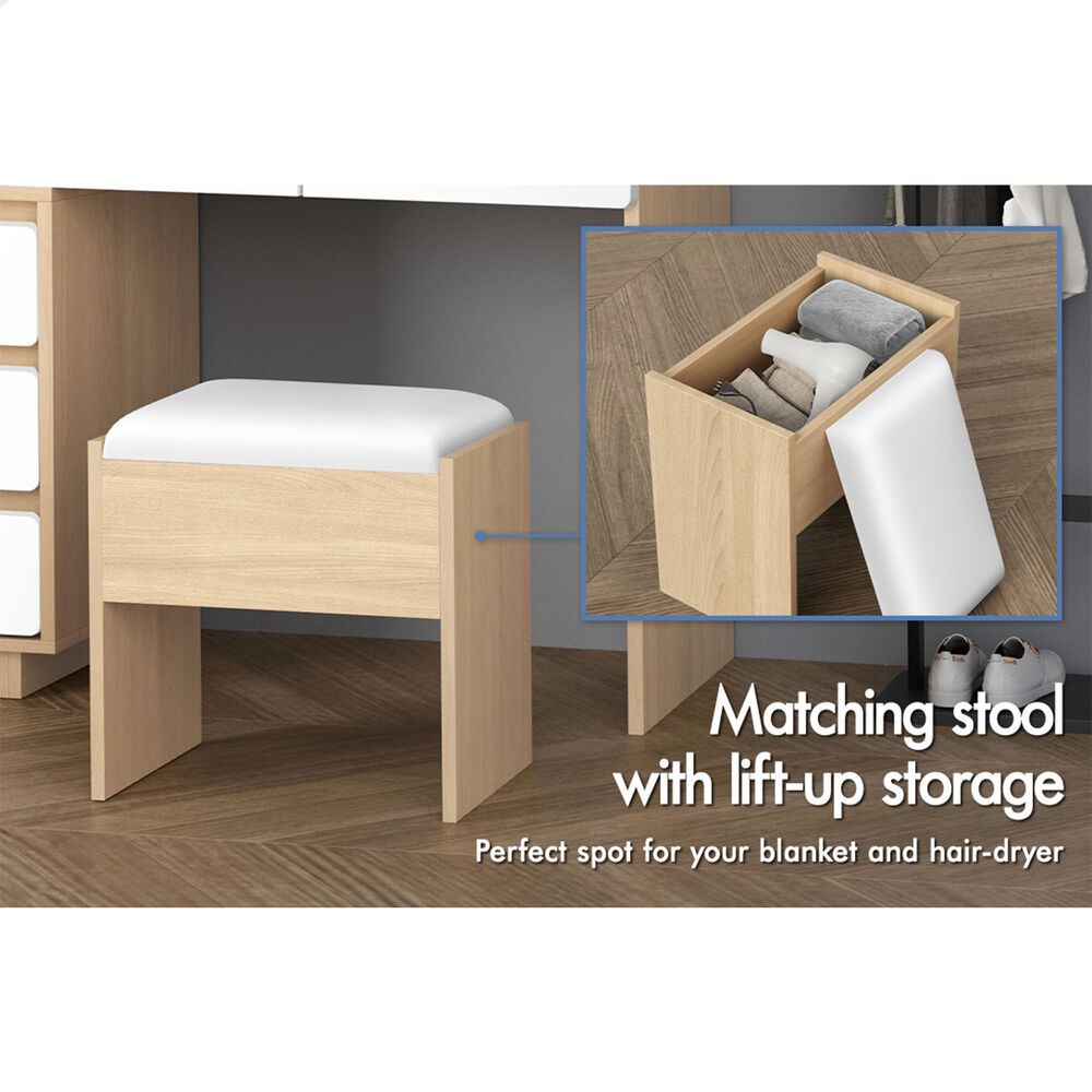ALFORDSON Dressing Table Stool Set Makeup Mirror Desk LED 8 Drawers Oak