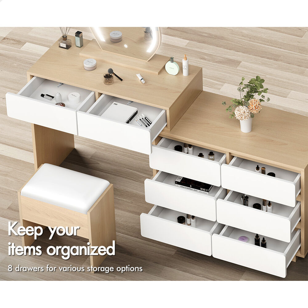 ALFORDSON Dressing Table Stool Set Makeup Mirror Desk LED 8 Drawers Oak