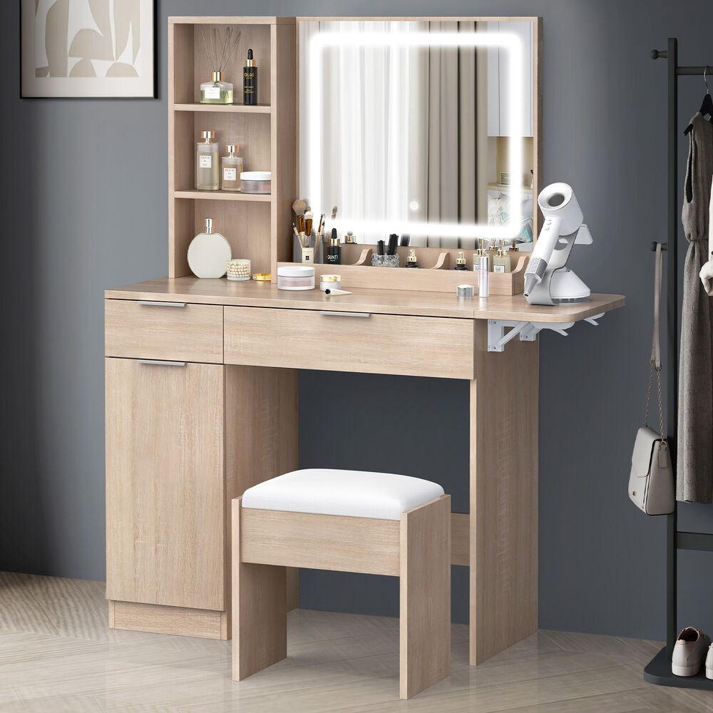 ALFORDSON Dressing Table Stool Set LED Vanity Desk Makeup Mirror Drawers Wood