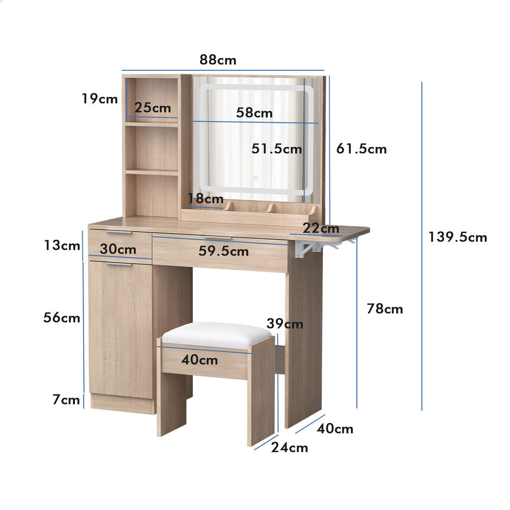 ALFORDSON Dressing Table Stool Set LED Vanity Desk Makeup Mirror Drawers Wood