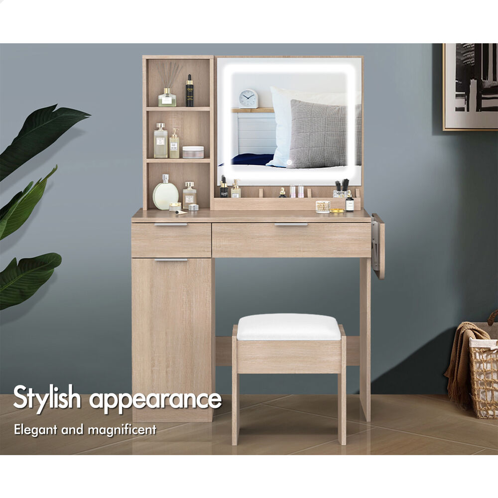 ALFORDSON Dressing Table Stool Set LED Vanity Desk Makeup Mirror Drawers Wood