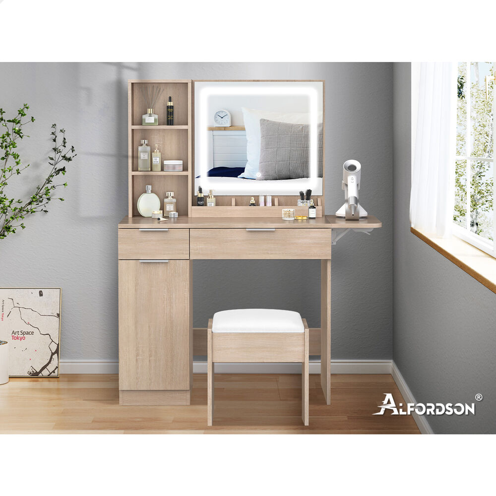 ALFORDSON Dressing Table Stool Set LED Vanity Desk Makeup Mirror Drawers Wood