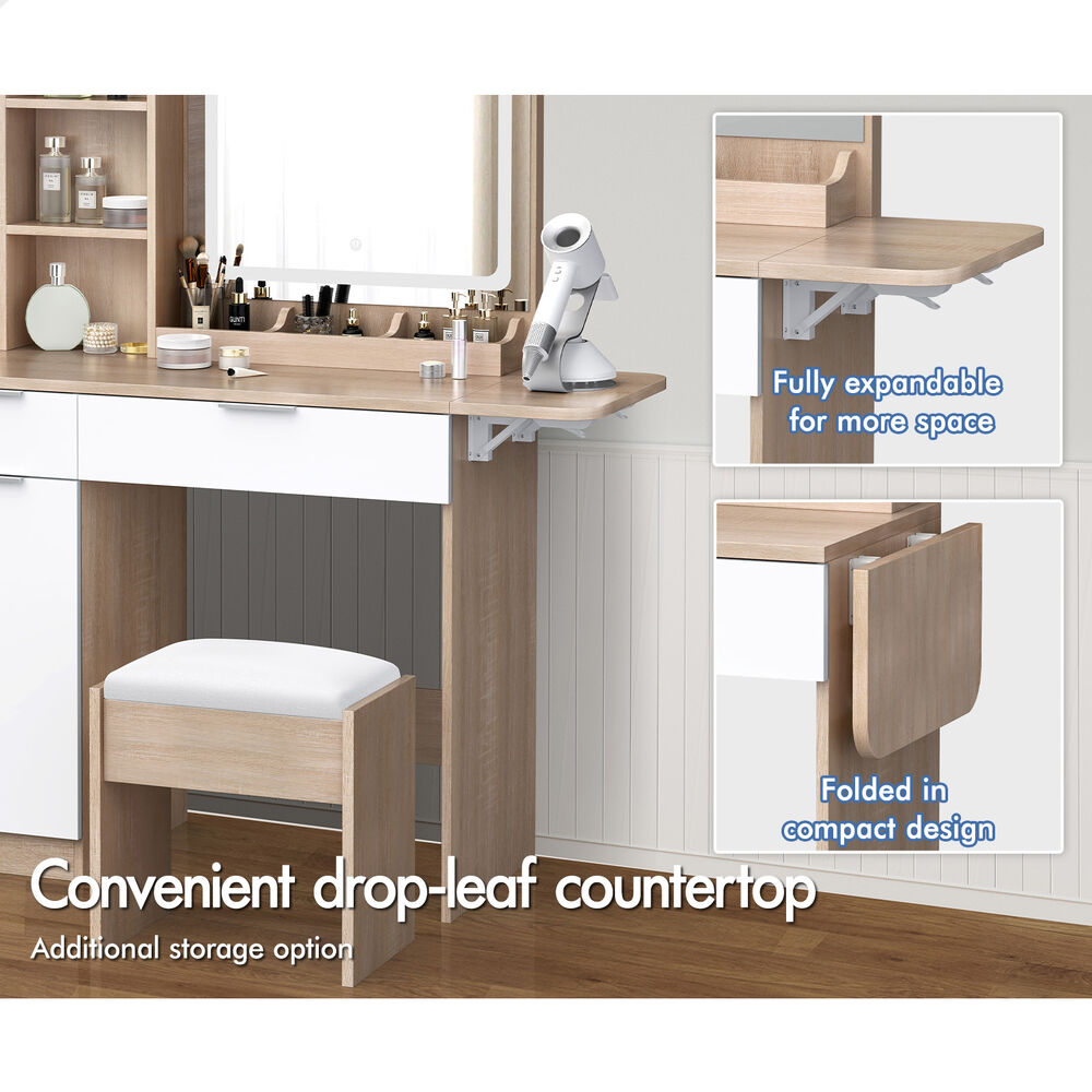 ALFORDSON Dressing Table Stool Set LED Vanity Desk Makeup Mirror Drawers Oak