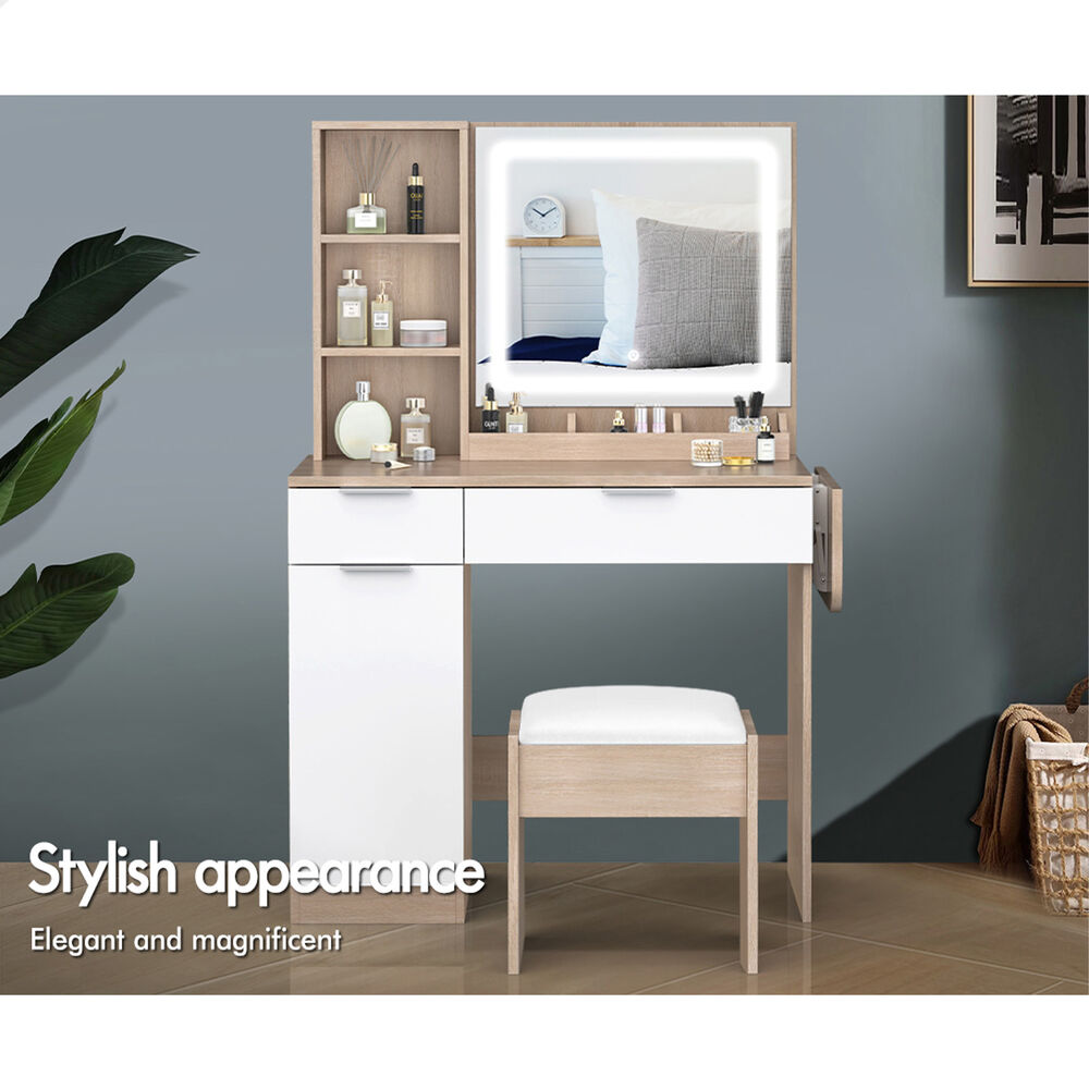 ALFORDSON Dressing Table Stool Set LED Vanity Desk Makeup Mirror Drawers Oak