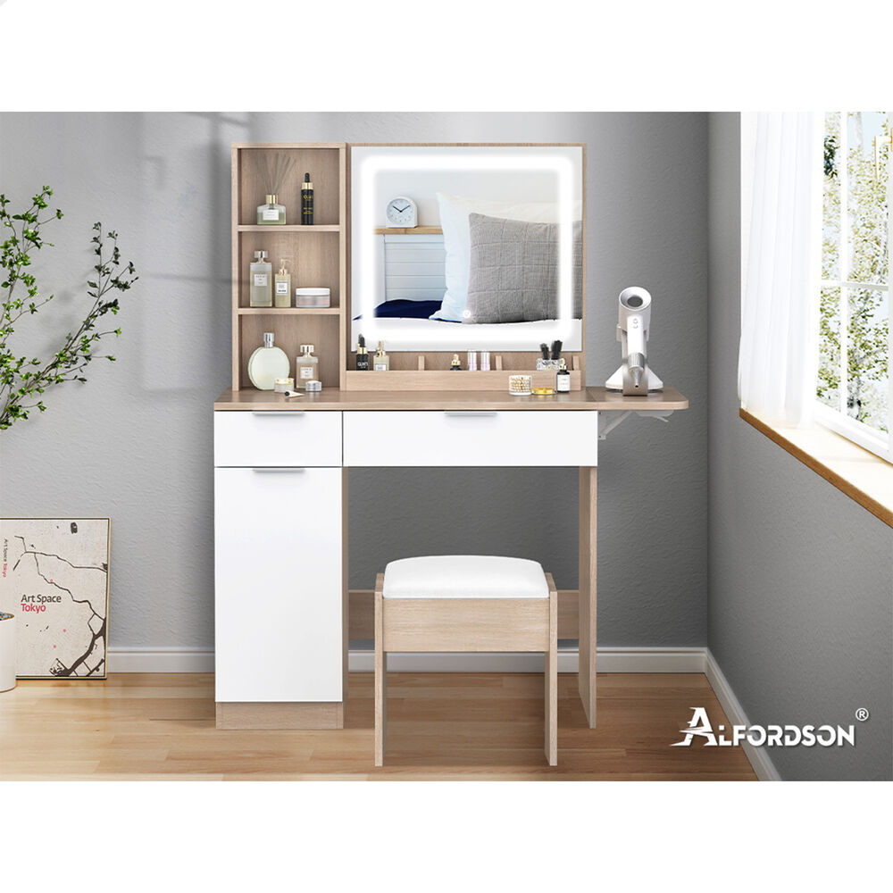 ALFORDSON Dressing Table Stool Set LED Vanity Desk Makeup Mirror Drawers Oak