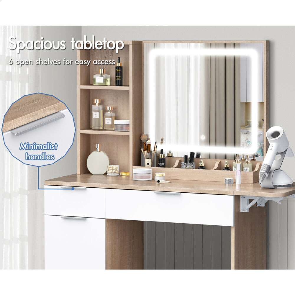 ALFORDSON Dressing Table Stool Set LED Vanity Desk Makeup Mirror Drawers Oak