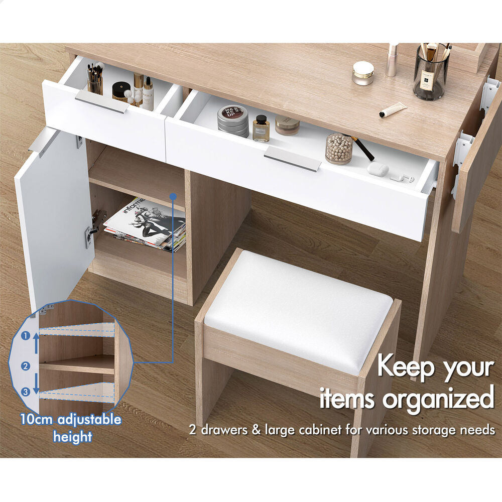 ALFORDSON Dressing Table Stool Set LED Vanity Desk Makeup Mirror Drawers Oak