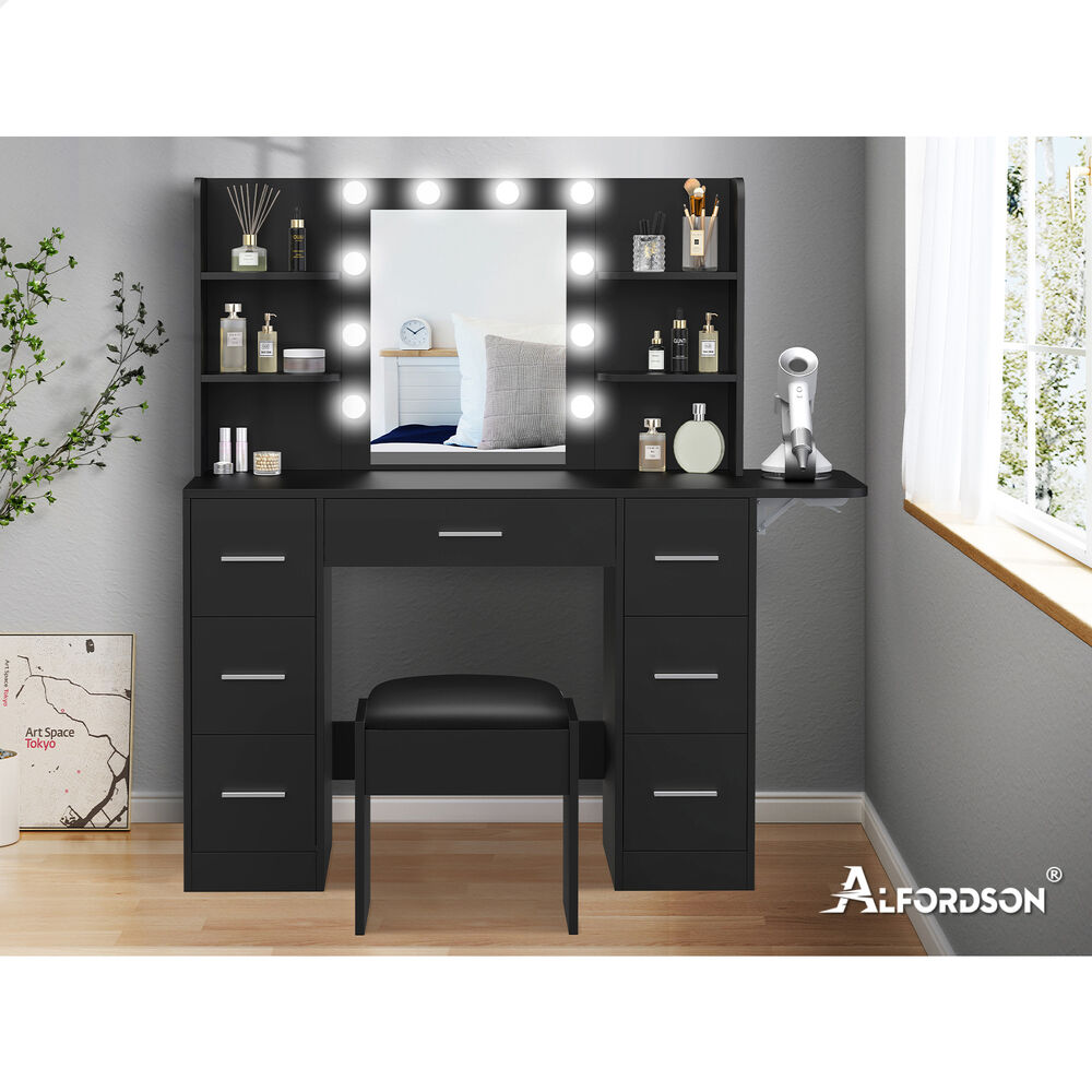 ALFORDSON Dressing Table Stool Set Makeup Mirror Vanity Desk LED Bulbs Black