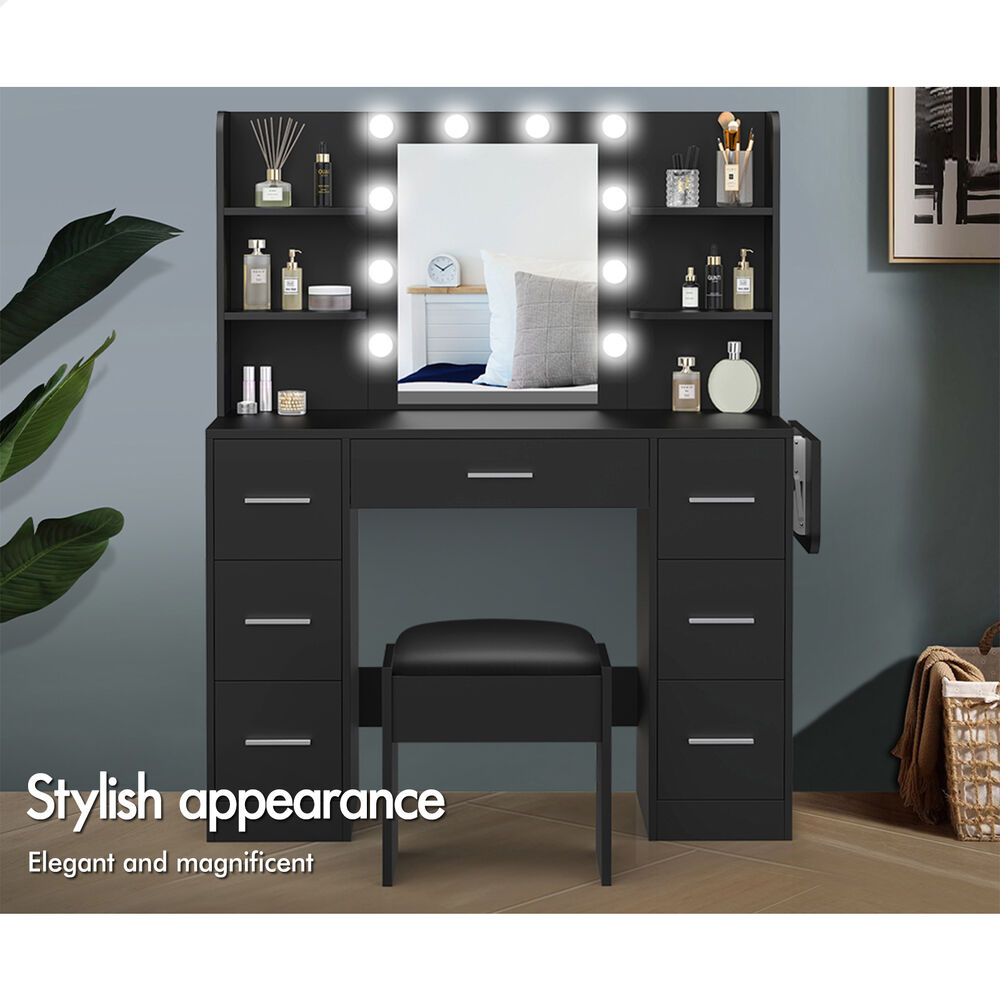 ALFORDSON Dressing Table Stool Set Makeup Mirror Vanity Desk LED Bulbs Black