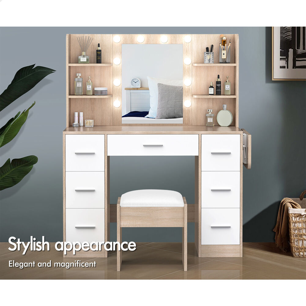 ALFORDSON Dressing Table Stool Set Makeup Mirror Vanity Desk LED Bulbs Oak