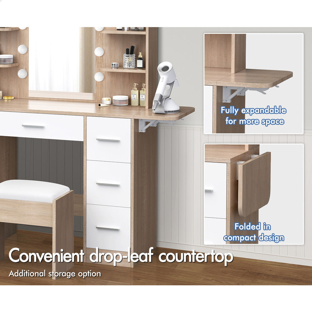 ALFORDSON Dressing Table Stool Set Makeup Mirror Vanity Desk LED Bulbs Oak