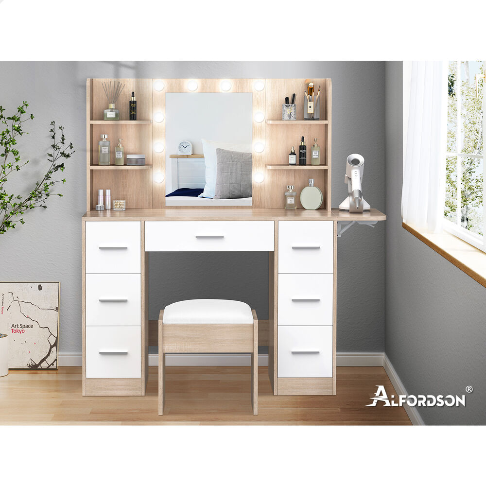 ALFORDSON Dressing Table Stool Set Makeup Mirror Vanity Desk LED Bulbs Oak