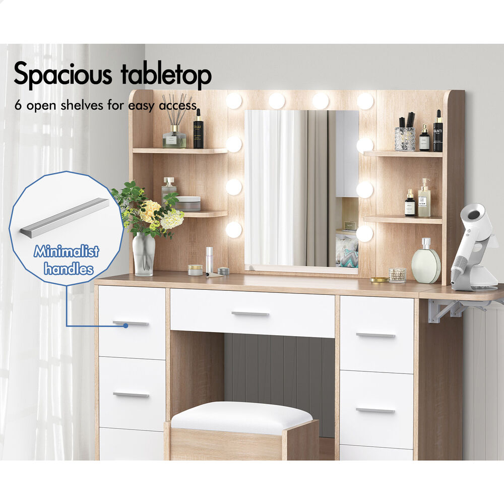 ALFORDSON Dressing Table Stool Set Makeup Mirror Vanity Desk LED Bulbs Oak