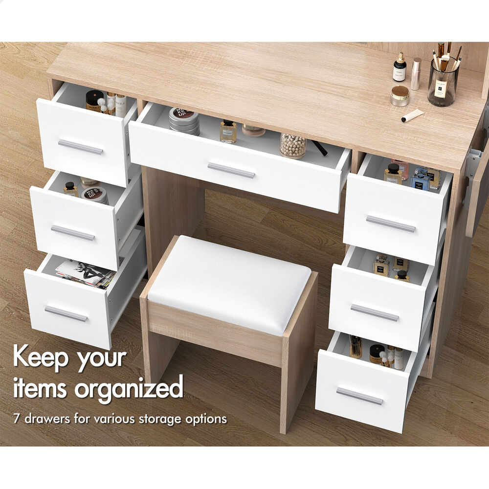 ALFORDSON Dressing Table Stool Set Makeup Mirror Vanity Desk LED Bulbs Oak