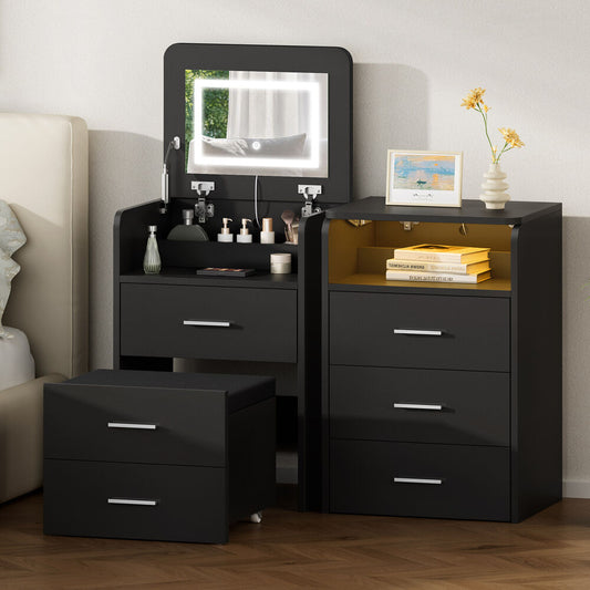 ALFORDSON 2x Dressing Table Stool Set 3-in-1 Makeup Mirror Vanity Desk Black