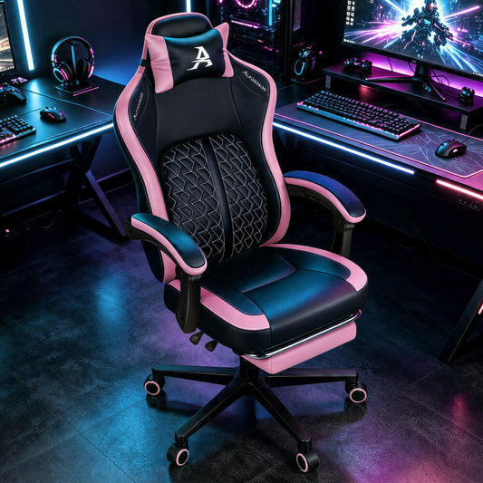 ALFORDSON Gaming Office Chair Ergonomic Computer Footrest Leather Black & Pink
