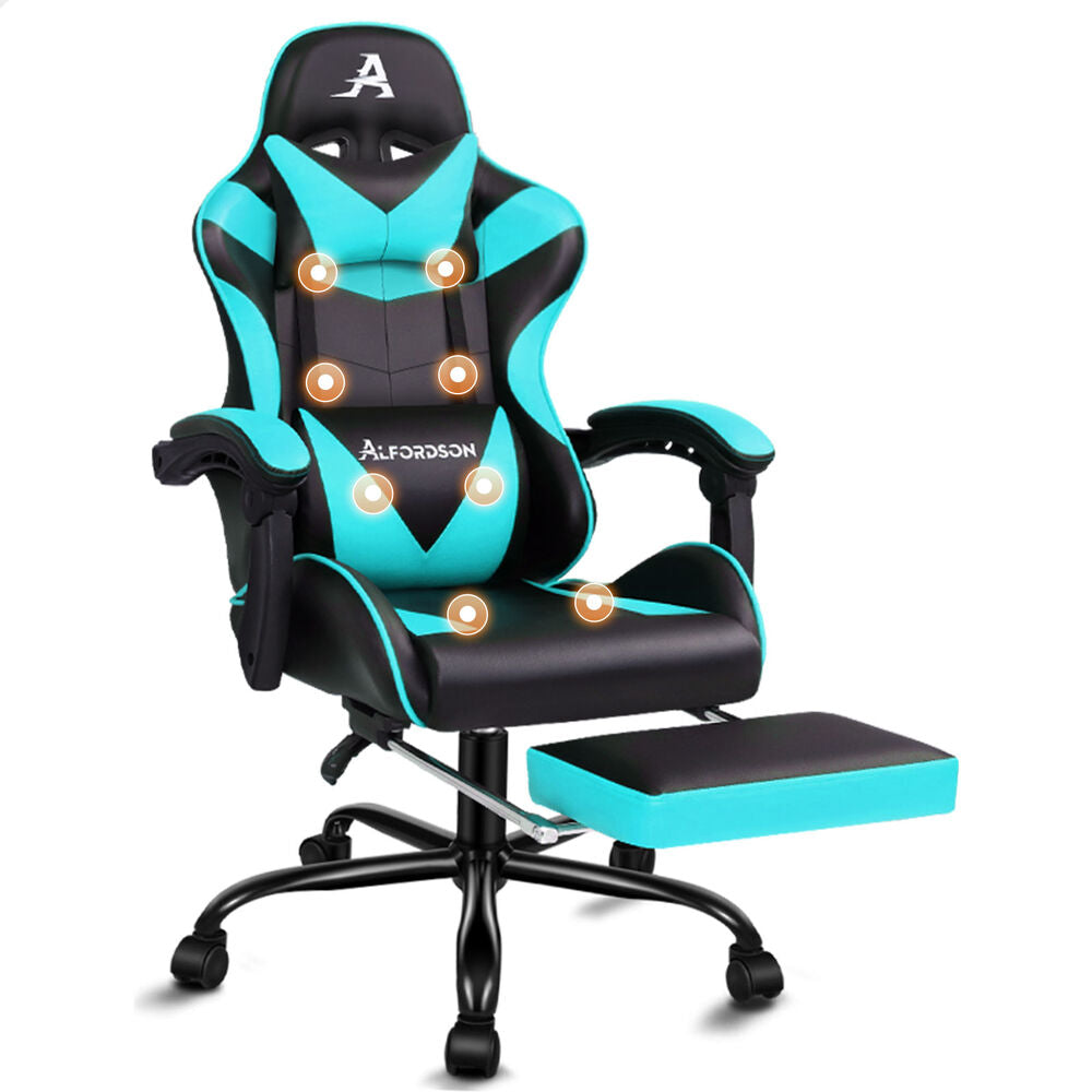 ALFORDSON Gaming Chair Office Massage Computer Racing Seat PU Leather Cyan