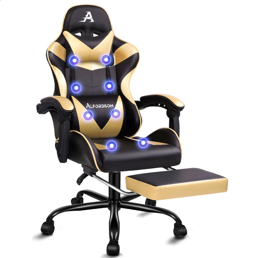 ALFORDSON Gaming Chair Office Massage Computer Racing Seat PU Leather Gold