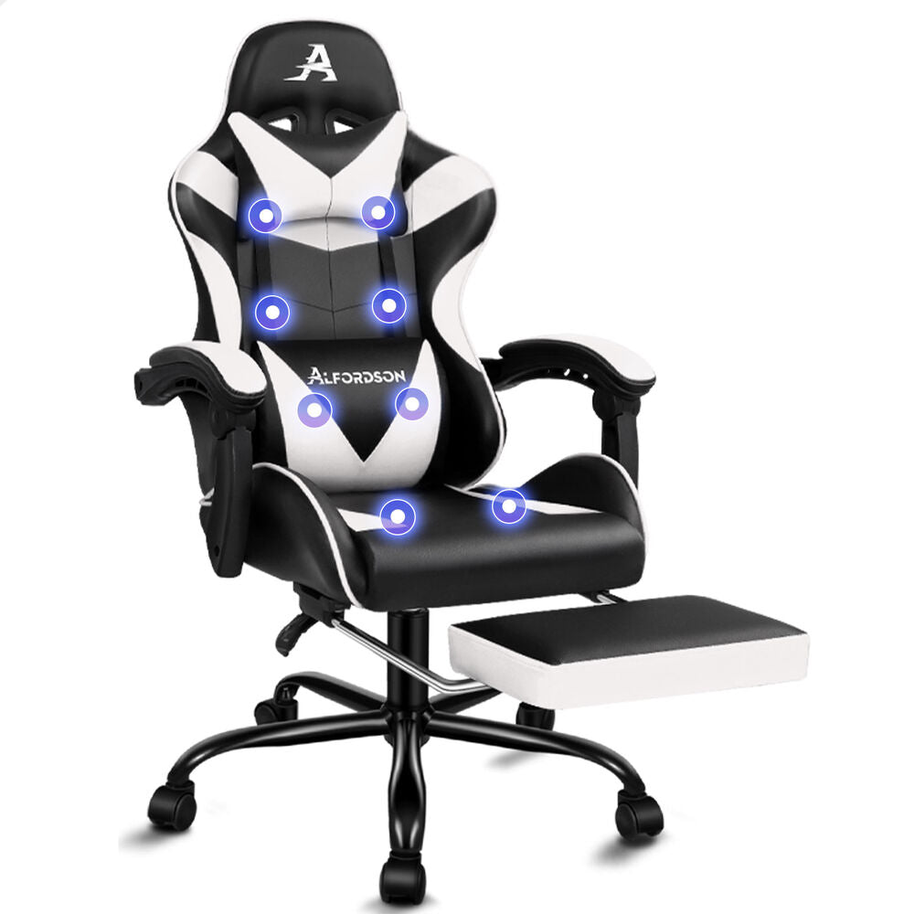 ALFORDSON Gaming Chair Office Massage Computer Racing Seat PU Leather White