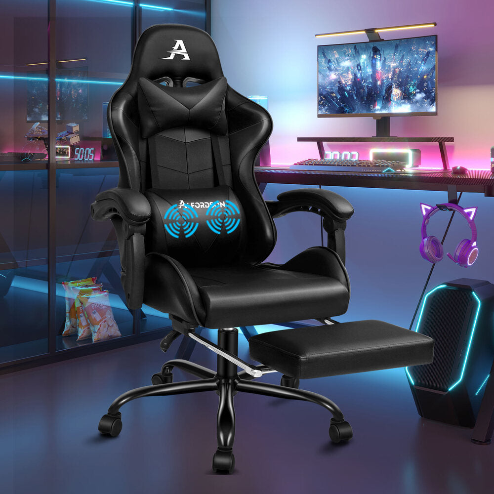 Alfordson Gaming Chair Office Executive Racing Footrest Seat Leather All Black