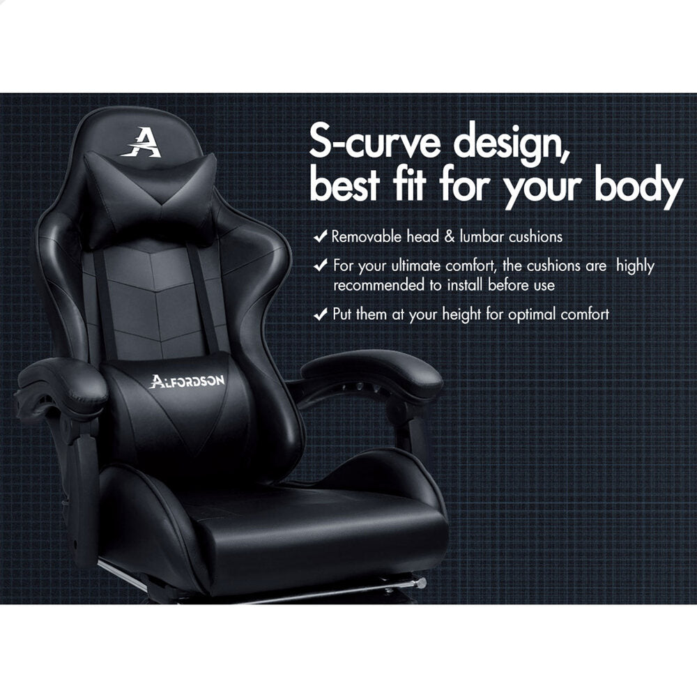 Alfordson Gaming Chair Office Executive Racing Footrest Seat Leather All Black