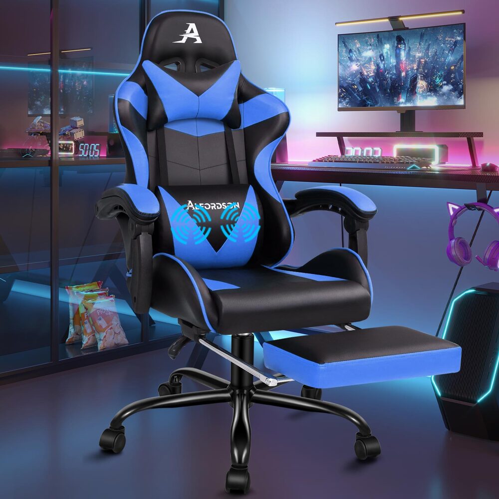 Alfordson Gaming Chair Office Executive Racing Footrest Seat PU Leather Blue