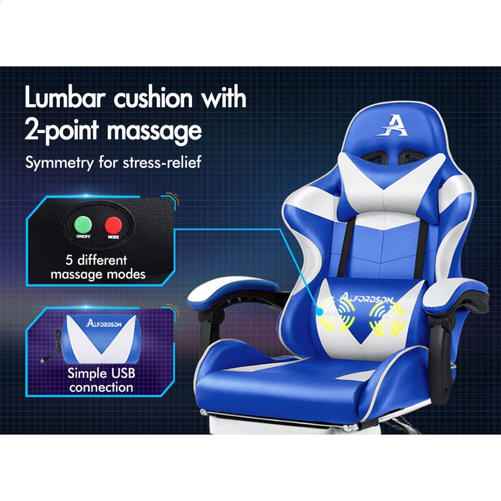 Alfordson Gaming Chair Office Executive Racing Footrest Seat Leather Blue White
