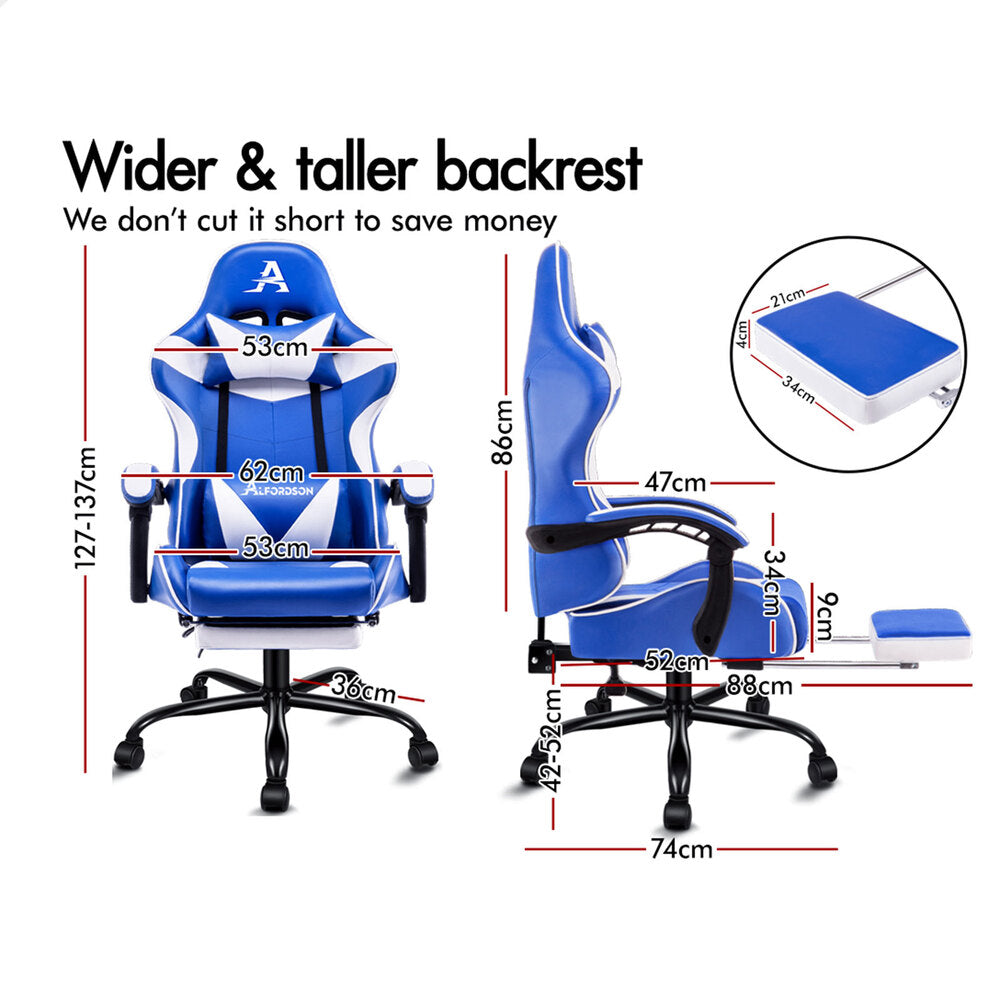 Alfordson Gaming Chair Office Executive Racing Footrest Seat Leather Blue White