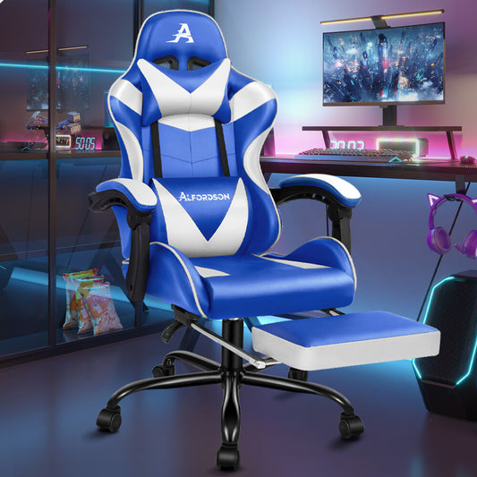 ALFORDSON Gaming Chair Office Executive Racing Footrest Seat Leather Blue White