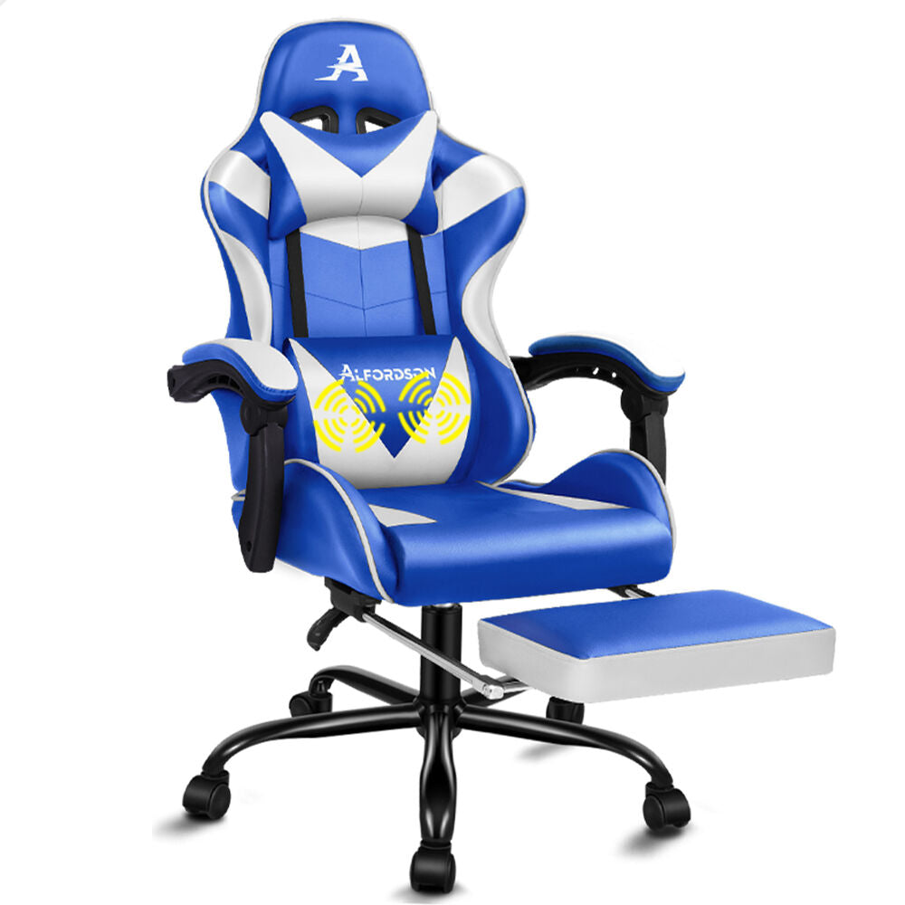 ALFORDSON Gaming Chair Office Executive Racing Footrest Seat Leather Blue White