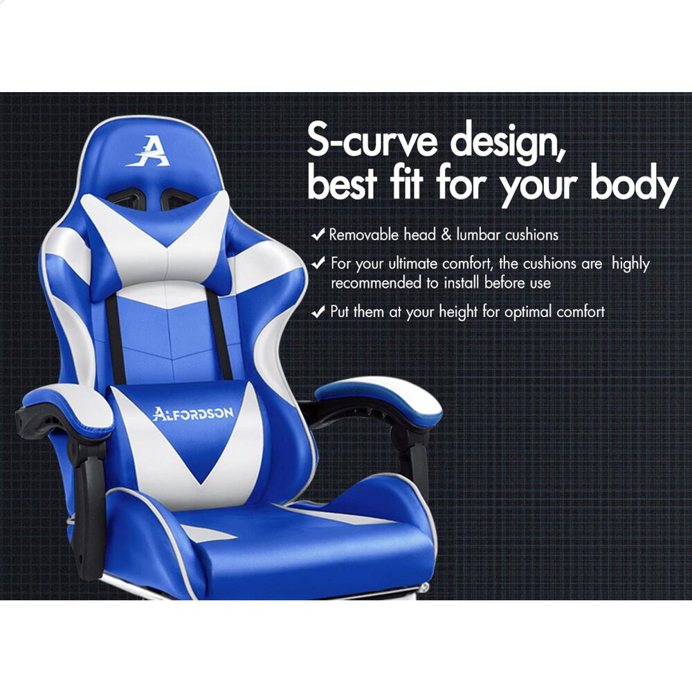 Alfordson Gaming Chair Office Executive Racing Footrest Seat Leather Blue White
