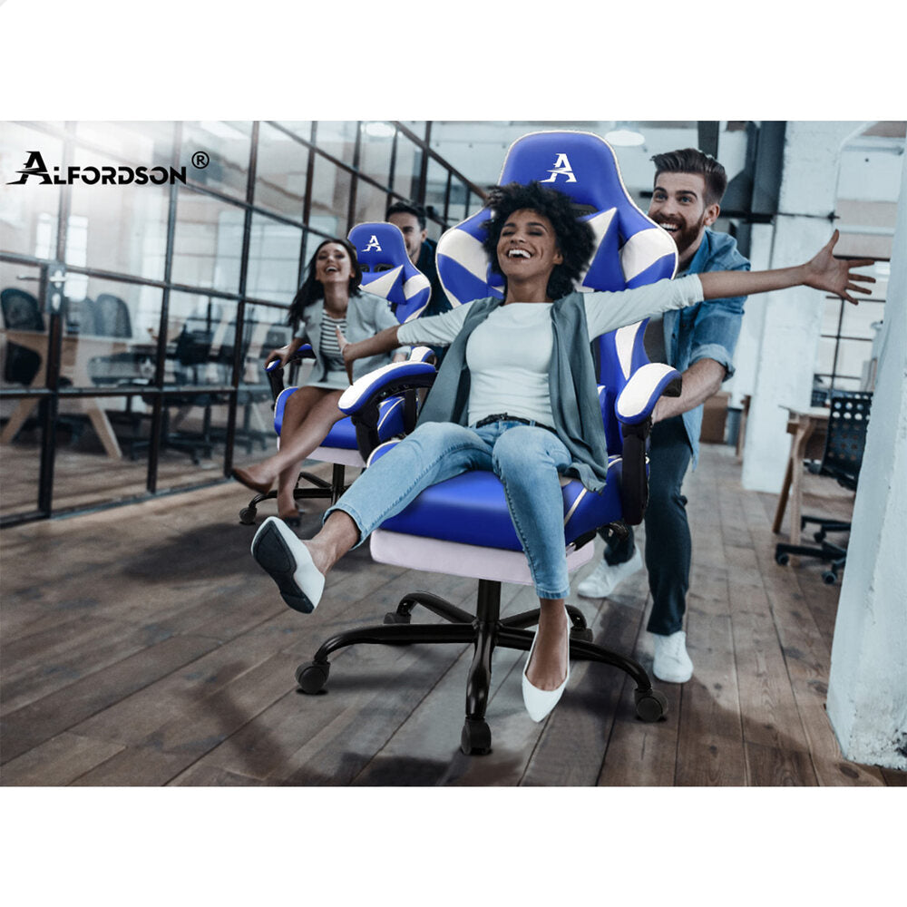 Alfordson Gaming Chair Office Executive Racing Footrest Seat Leather Blue White