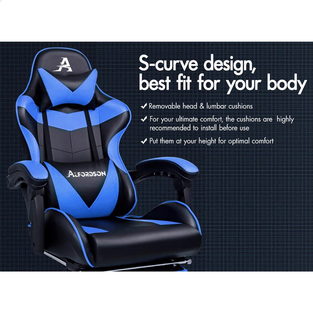 Alfordson Gaming Chair Office Executive Racing Footrest Seat PU Leather Blue