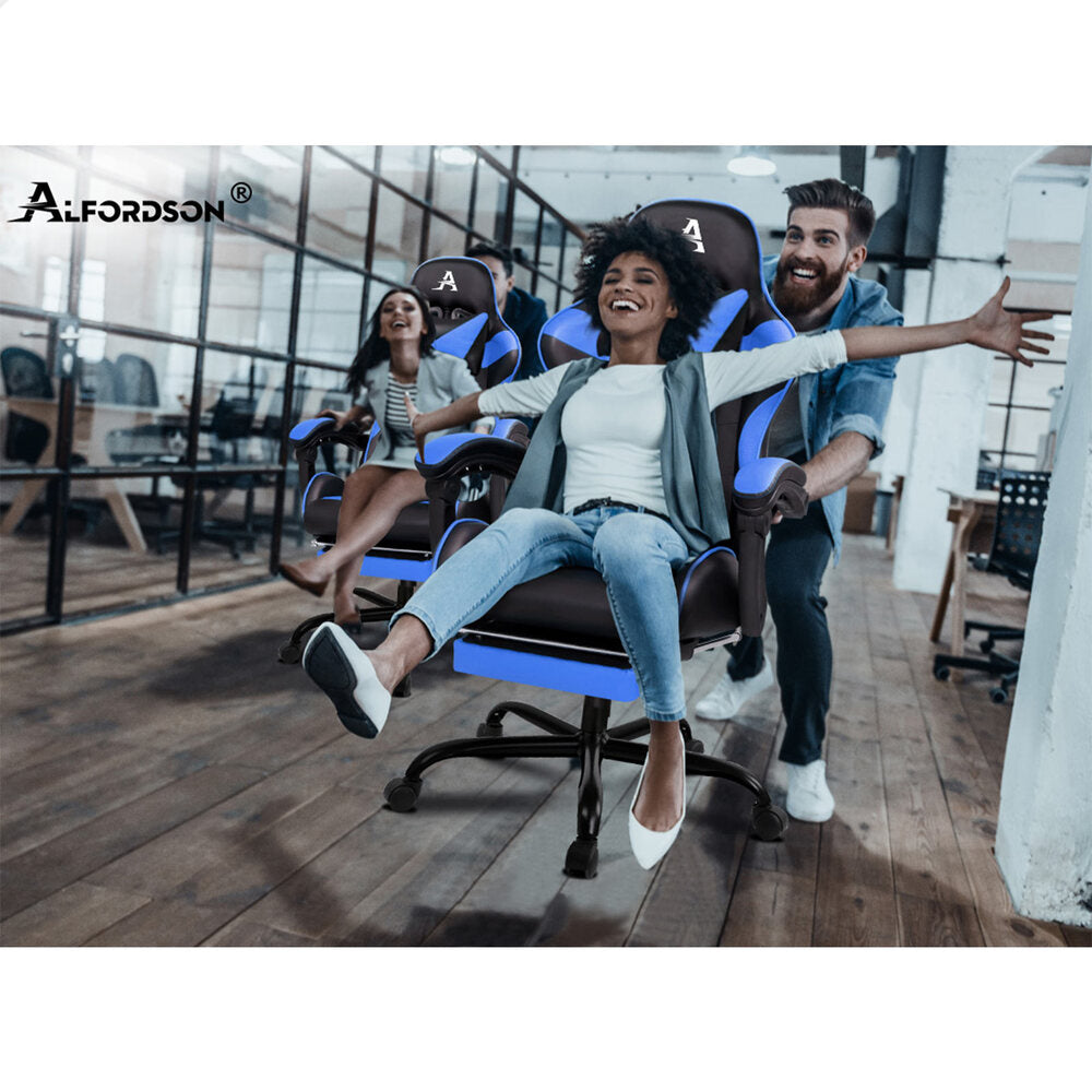 Alfordson Gaming Chair Office Executive Racing Footrest Seat PU Leather Blue