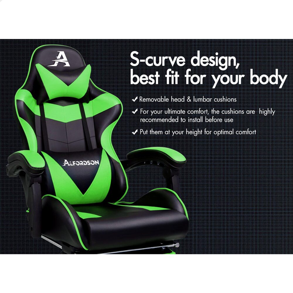 Alfordson Gaming Chair Office Executive Racing Footrest Seat PU Leather Green