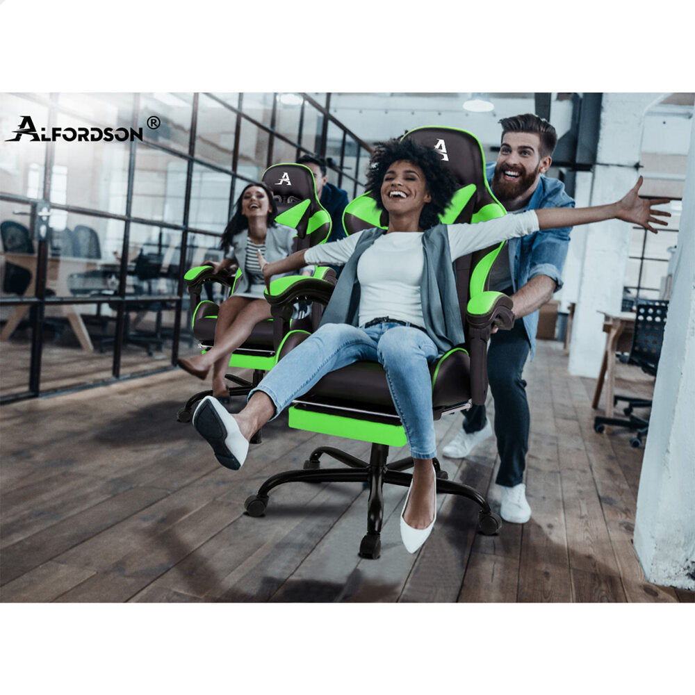 Alfordson Gaming Chair Office Executive Racing Footrest Seat PU Leather Green
