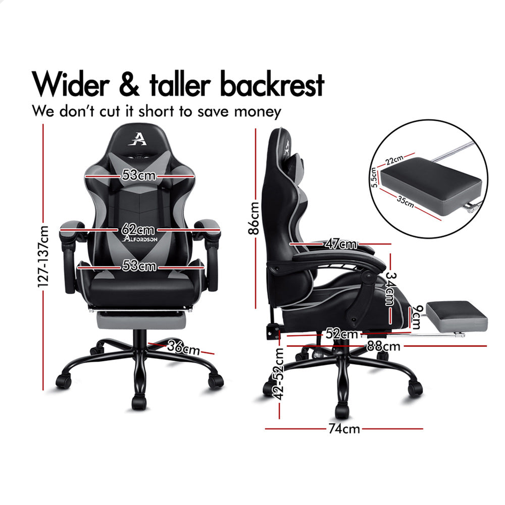 Alfordson Gaming Chair Office Executive Racing Footrest Seat PU Leather Grey
