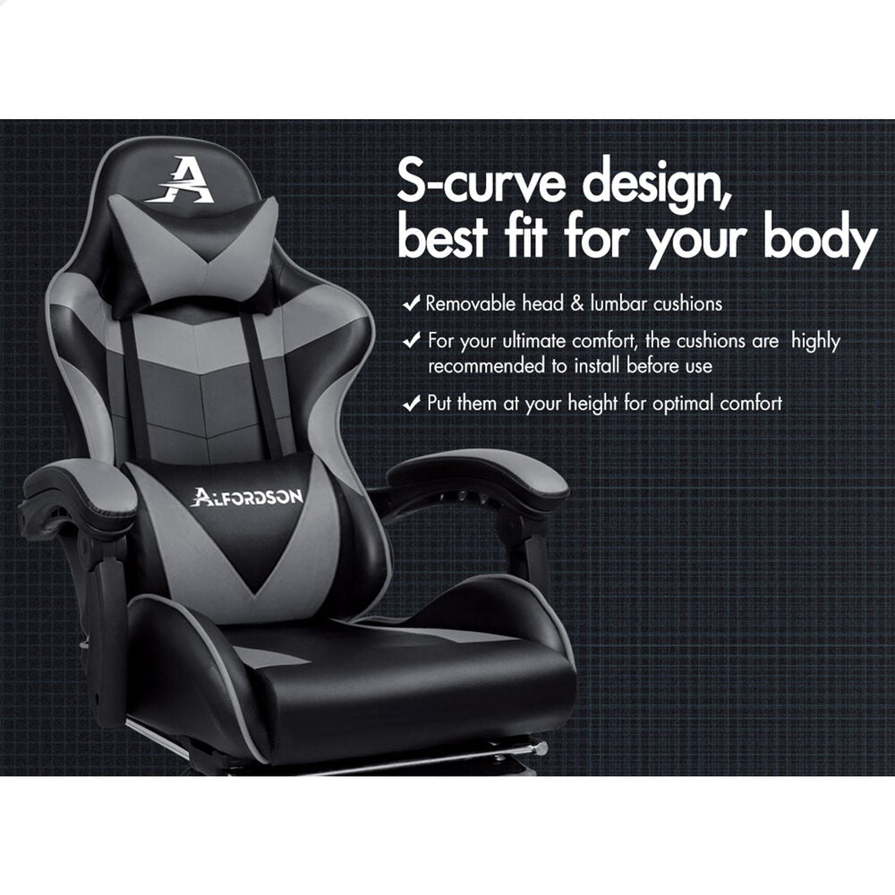 Alfordson Gaming Chair Office Executive Racing Footrest Seat PU Leather Grey