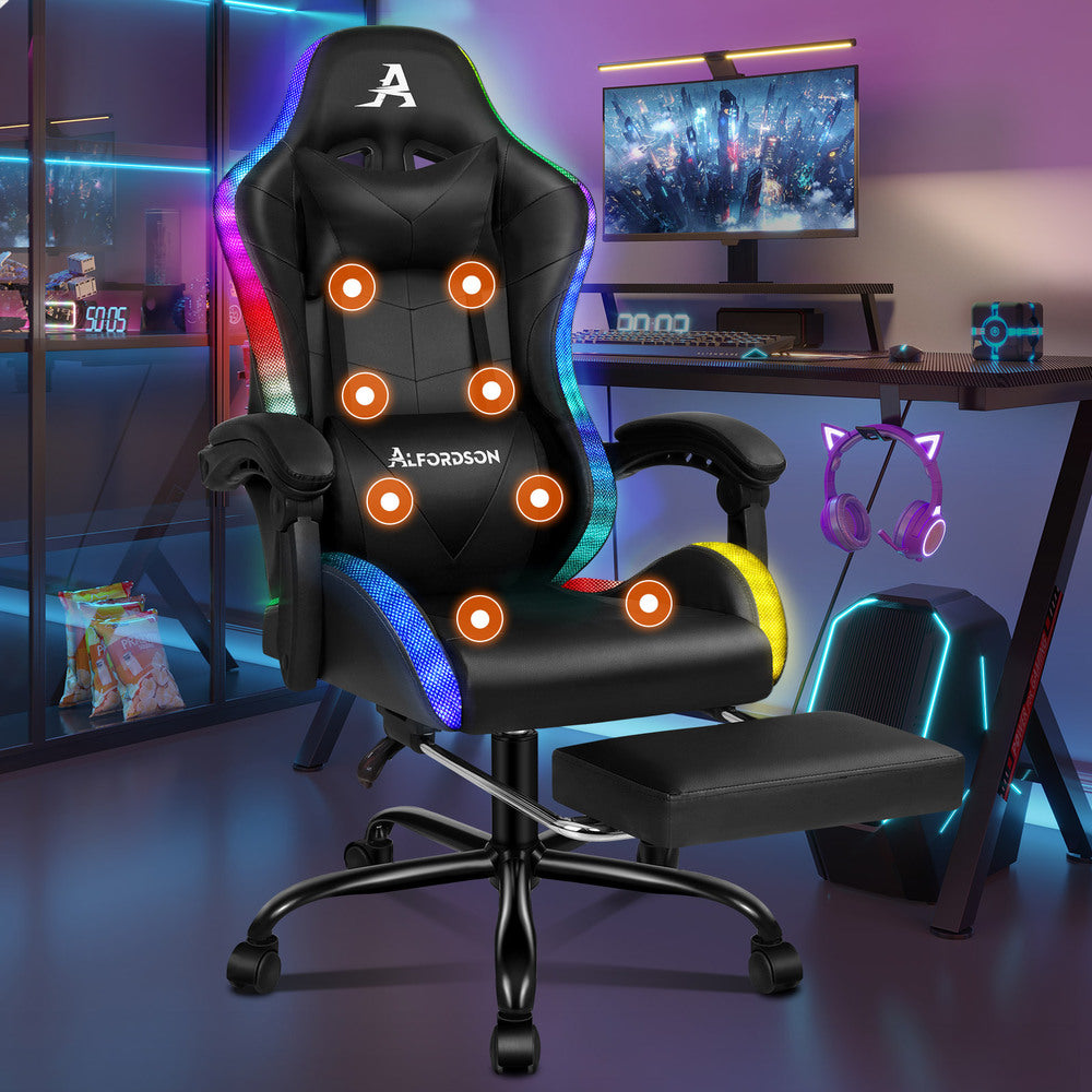 ALFORDSON Gaming Chair Office Massage 12 RGB LED Computer Seat PU