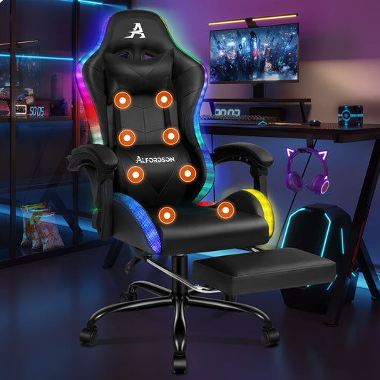 ALFORDSON Gaming Chair Office Massage 12 RGB LED Computer Seat PU Leather Black