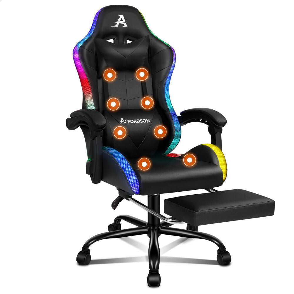 ALFORDSON Gaming Chair Office Massage 12 RGB LED Computer Seat PU Leather Black