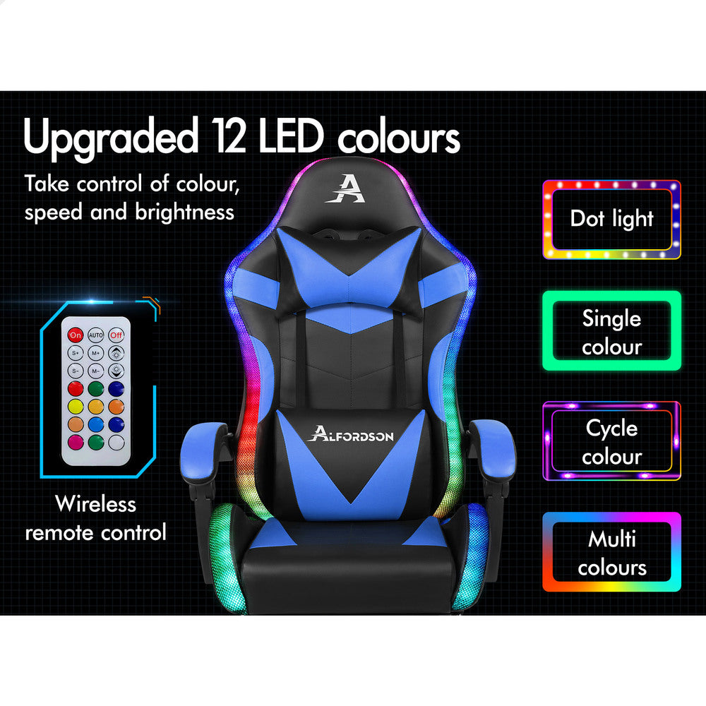 ALFORDSON Gaming Chair Office Massage 12 RGB LED Computer Seat PU Leather Blue