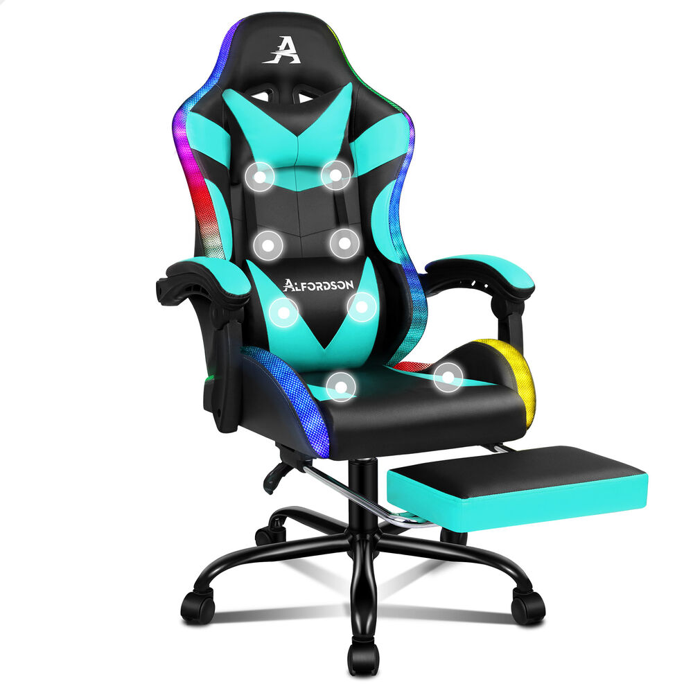 ALFORDSON Gaming Chair Office Massage 12 RGB LED Computer Seat PU Leather Cyan