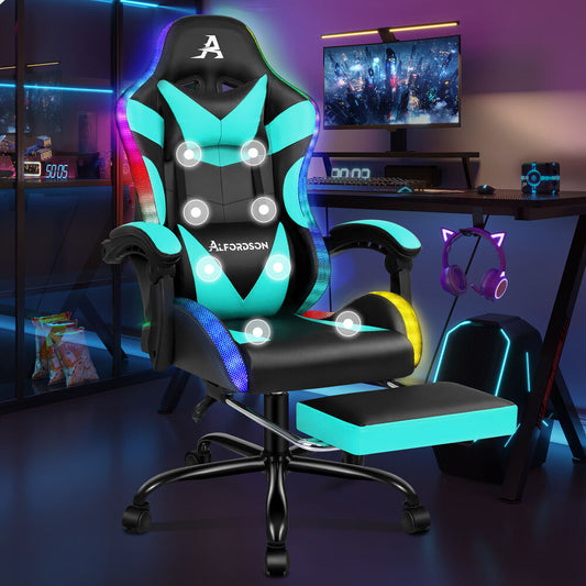 ALFORDSON Gaming Chair Office Massage 12 RGB LED Computer Seat PU Leather Cyan