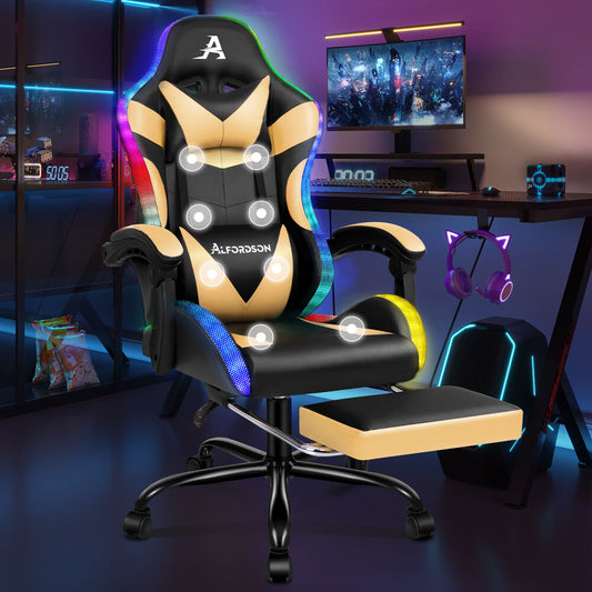 ALFORDSON Gaming Chair Office Massage 12 RGB LED Computer Seat PU Leather Gold