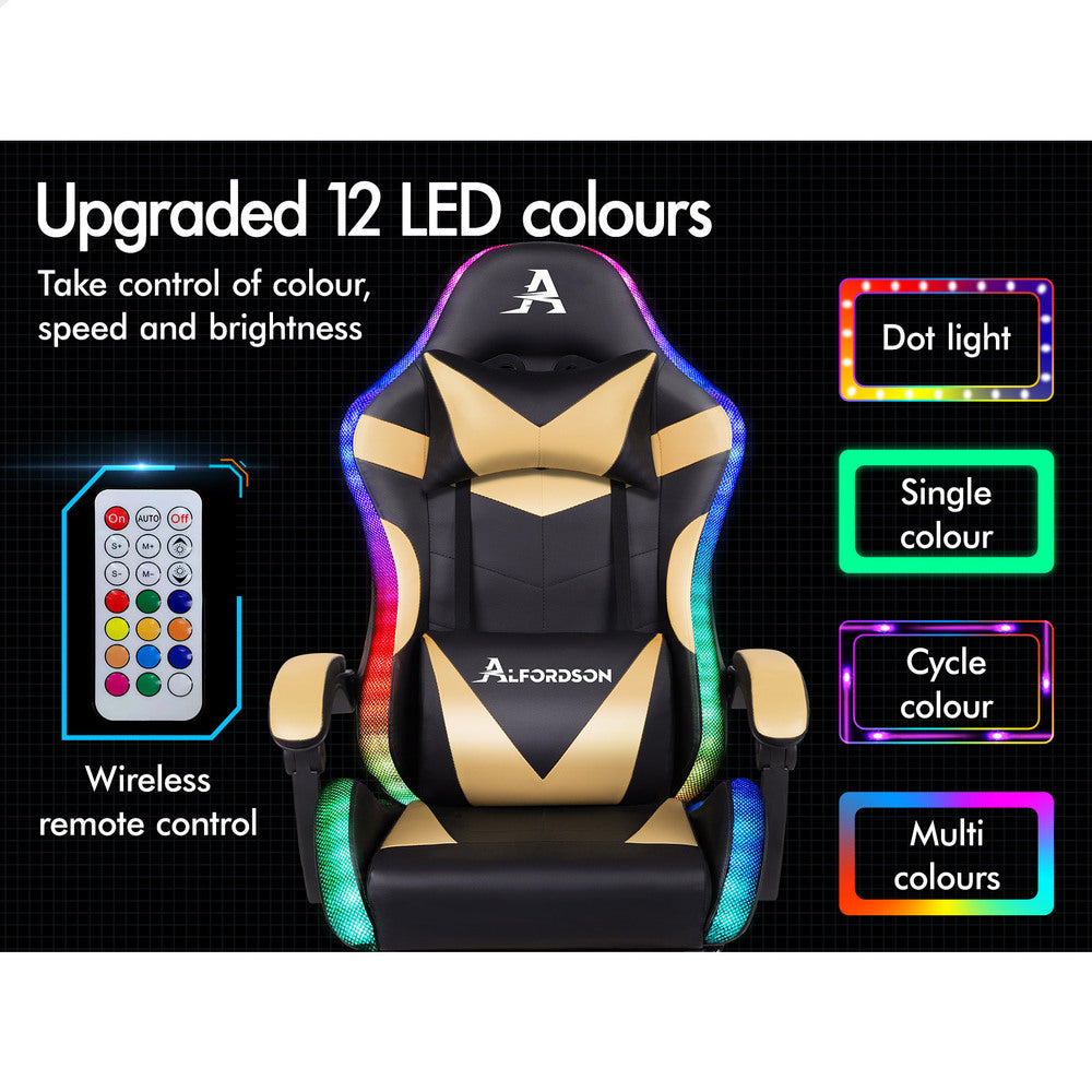 ALFORDSON Gaming Chair Office Massage 12 RGB LED Computer Seat PU Leather Gold