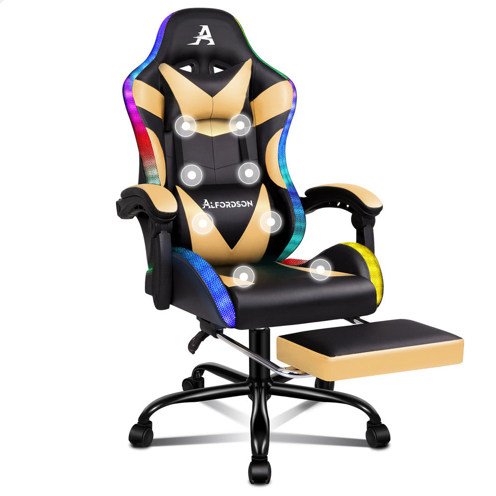 ALFORDSON Gaming Chair Office Massage 12 RGB LED Computer Seat PU Leather Gold